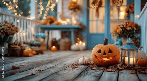 Halloween Decorations on a Cozy Porch Illuminated by Warm Lights at Dusk