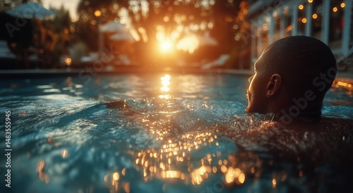 Relaxing in a Pool at Sunset With Shimmering Water and Vibrant Colors