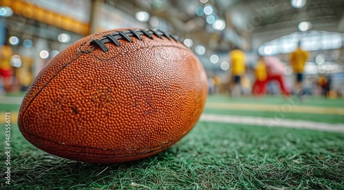 Football on the Turf During Practice in Indoor Facility With Players in the B...
