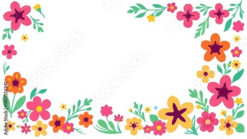 Mexican Floral Border, Scattered Fiesta Flowers, Bright Design