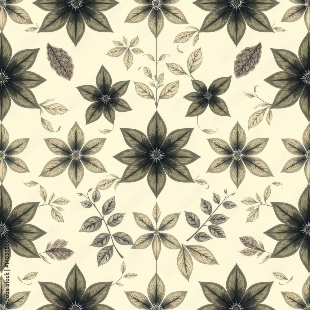 Fototapeta premium Floral vector repeats on cream, leaves interlock