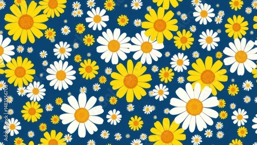 Scattered daisies & blossoms pattern in yellow, white, blue hues