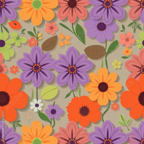 Floral textile design, repeating motif, shadowed, vibrant hues