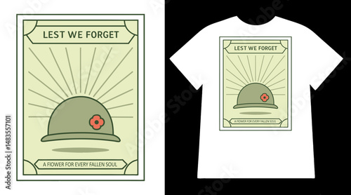 Lest We Forget Military Tribute T-Shirt, Memorial Day Shirt, Army Soldier Helmet Graphic Tee, Veterans Day Shirt, Poppy Flower Remembrance Shirt, Fallen Heroes Graphic