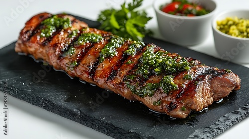Argentinian Bondiola Slice with Chimichurri, Minimalist White Background, Bold Centered View