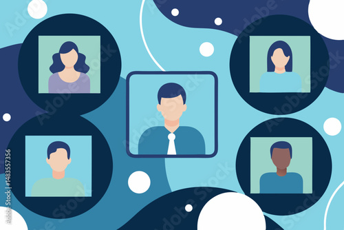Diverse team collaborating online virtual meeting modern tech blue background flat design