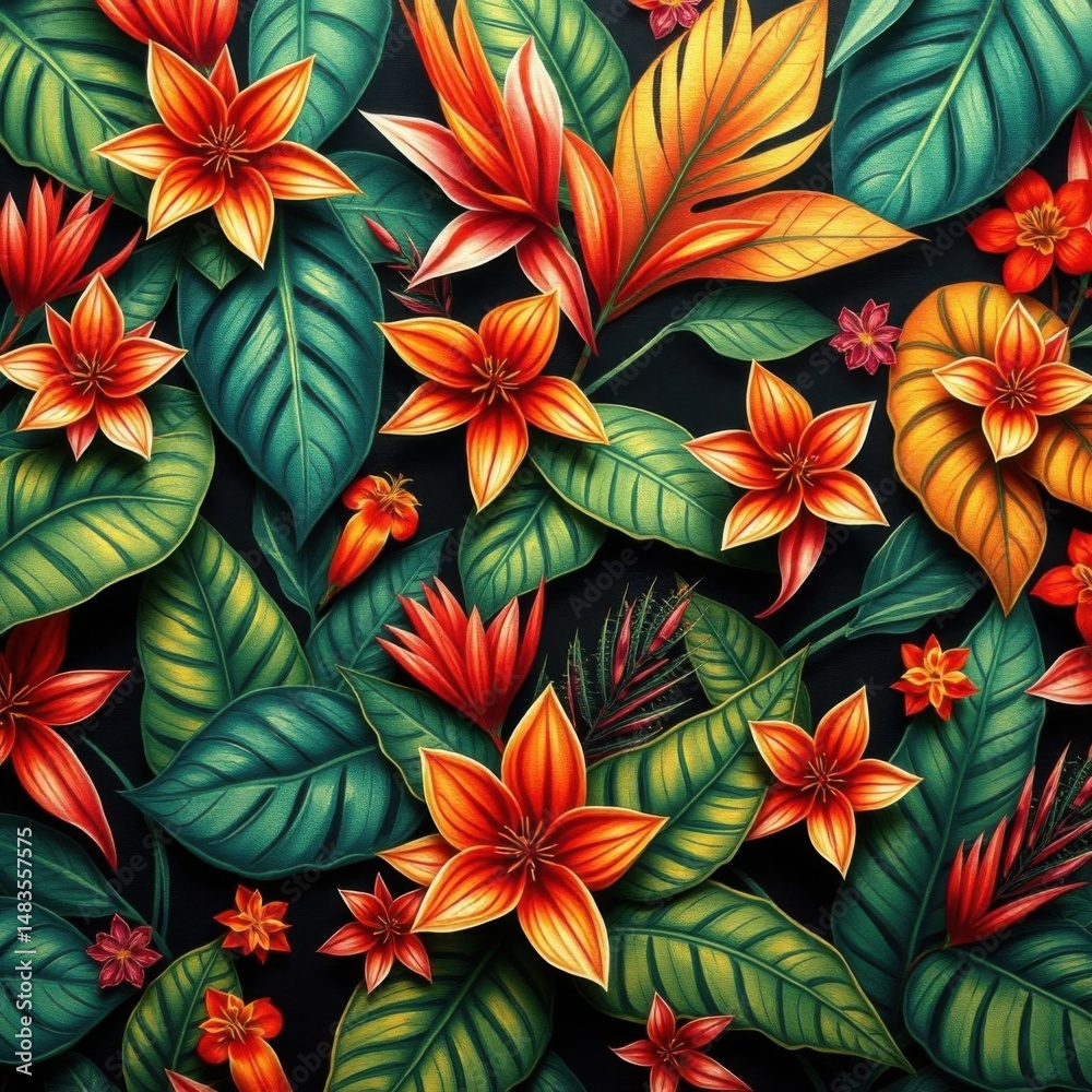Naklejka premium Exotic floral pattern, Colorful jungle leaves & blooms