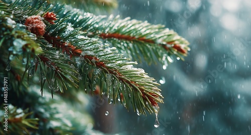Delicate Winter Pine Branch Adorned With Snow and Raindrops Glistening in Sof...