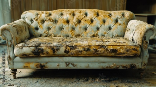Abandoned, decaying sofa in a neglected space