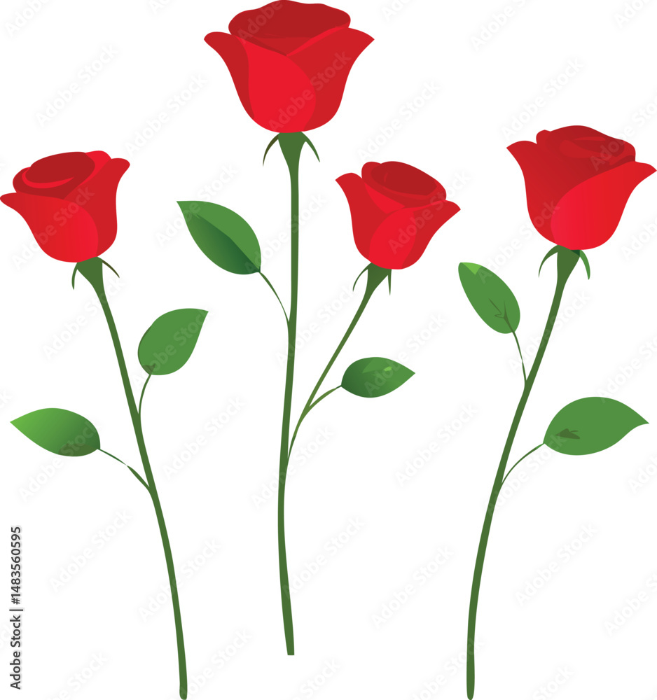 Obraz premium Four Red Roses with Green Leaves on White Background