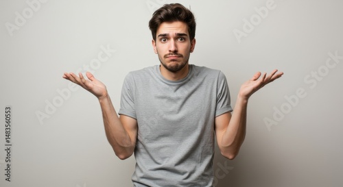 Young man in gray shirt shrugging with a puzzled expression against a plain background