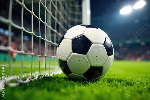Close-up shot of a soccer ball entering a goal net , football, rippling, texture