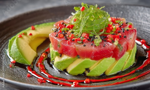 Fresh Tuna Tartare Served on a Plate With Colorful Garnishes and Sauces at a ...