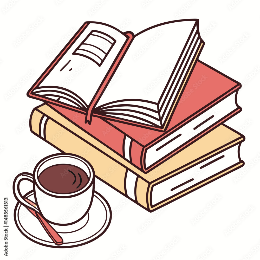 Naklejka premium Flat Lay Vector of Books and Coffee Cup Clean Isolated Illustration