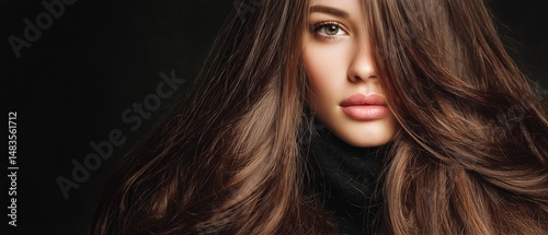 Portrait of a Woman With Long Hair and Subtle Makeup Illuminated Against a Da...