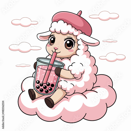A cute cartoon sheep wearing a pink beret is sipping bubble tea while sitting on a fluffy pink cloud