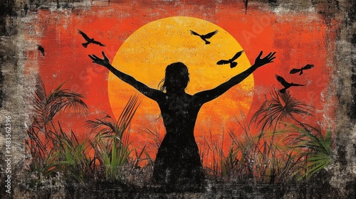 Silhouette Woman with Birds at Sunset