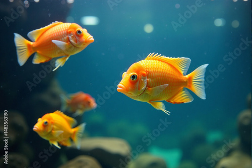Colorful goldfish swimming in an aquarium among rocks and water   photo