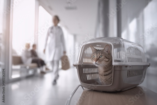 A series of images showing cats in pet carriers inside a modern veterinary environment conveys responsibility, preparation and attentive care for feline patients.

