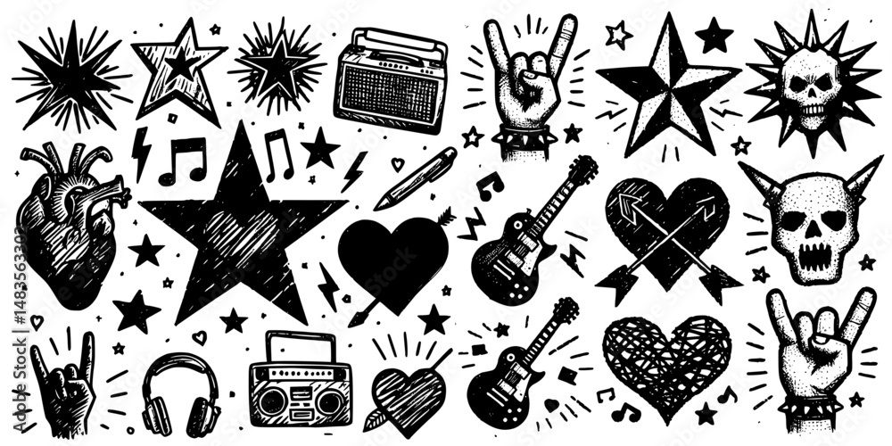 Musical Symbols & Rebel Art, Artistic illustrations featuring musical notes, guitars, and edgy punk symbols in a bold tattoo style