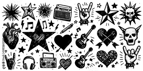 Musical Symbols & Rebel Art, Artistic illustrations featuring musical notes, guitars, and edgy punk symbols in a bold tattoo style