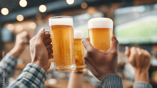 Group of people raising beer mugs in celebration of a sports event at a pub. Fan zone atmosphere, live tournament streaming, emotions, team spirit and excitement.