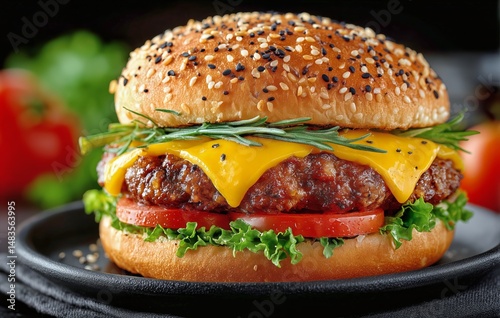 Juicy Cheeseburger With Lettuce and Tomato Served on a Plate With Perfect Top...