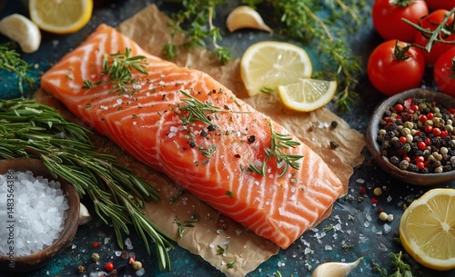 Fresh Salmon Fillet Garnished With Herbs and Spices Ready for Cooking in a Vi...