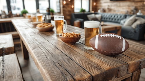Glass of fresh beer, chips and rugby ball on a wooden table. Sports bar or pub atmosphere. Concept of fan zone, meeting fans and watching matches live.
