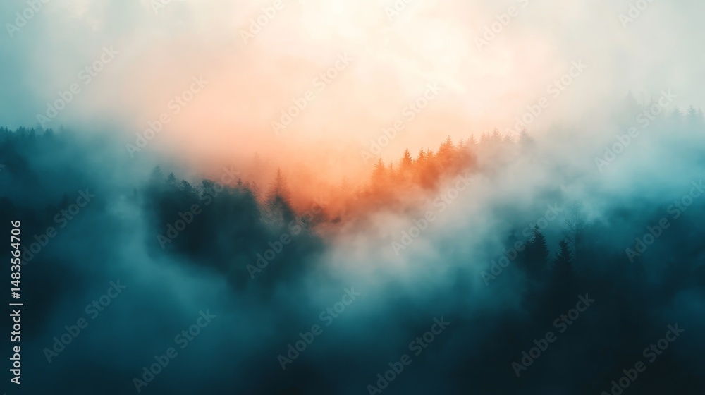 Naklejka premium Majestic sunrise view through a misty mountain forest.