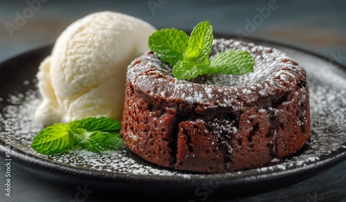 Delicious Chocolate Lava Cake With Vanilla Ice Cream and Mint Garnish on Dark...