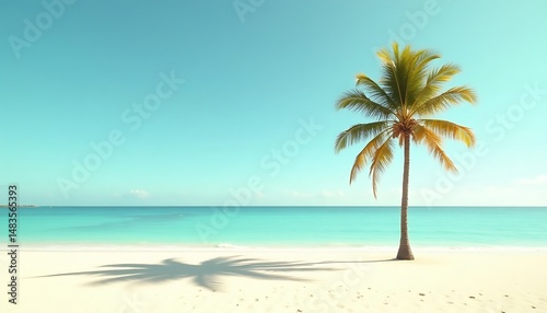 Serene Tropical Beach Scene Lone Palm Tree on Pristine White Sand