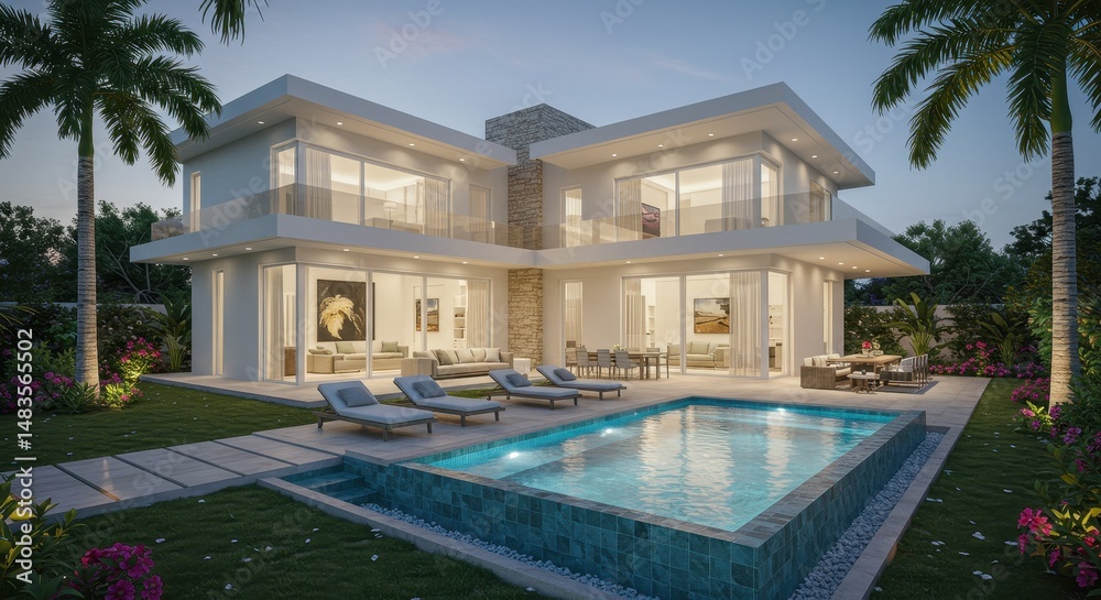 Fototapeta premium Luxury Modern Villa with Pool at Dusk