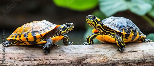 Two turtles on a log photo