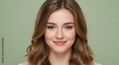 Portrait of a smiling young woman with long hair against a soft green background