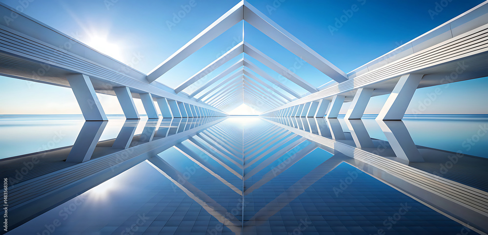 Obraz premium Modern architectural structure reflecting on water with stunning blue sky perspective