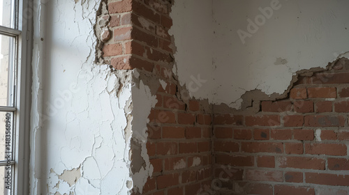 Partially exposed brick wall with peeling plaster near indoor window.