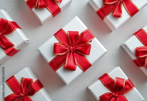Colorful Wrapped Gifts With Red Ribbons Arranged on a Light Background for a Festive Occasion