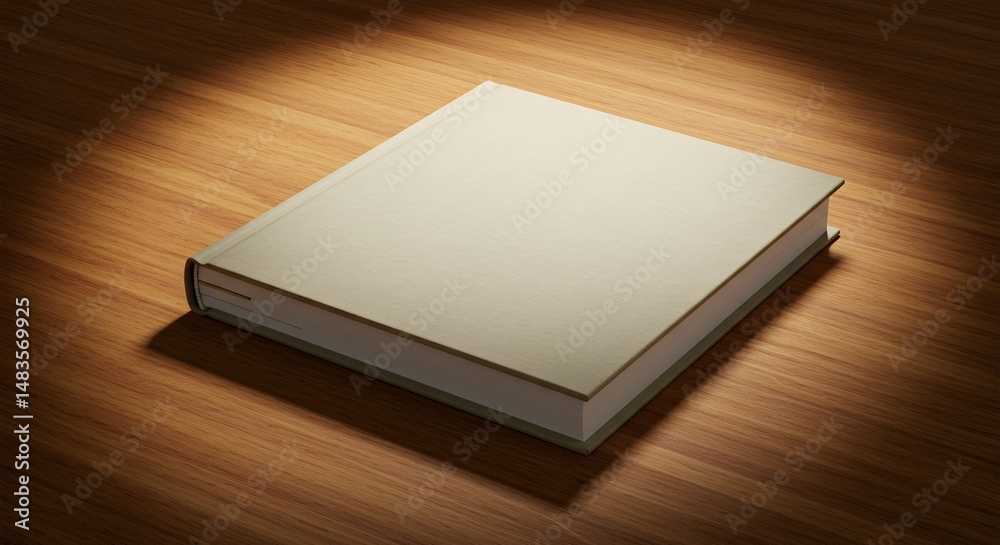 Fototapeta premium A closed book with a light tan cover sitting on a wooden surface under bright light