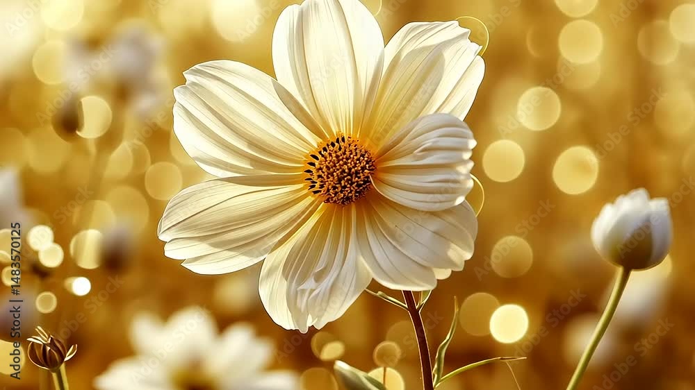 Single pale yellow flower in focus, with blurred golden bokeh background of other flowers