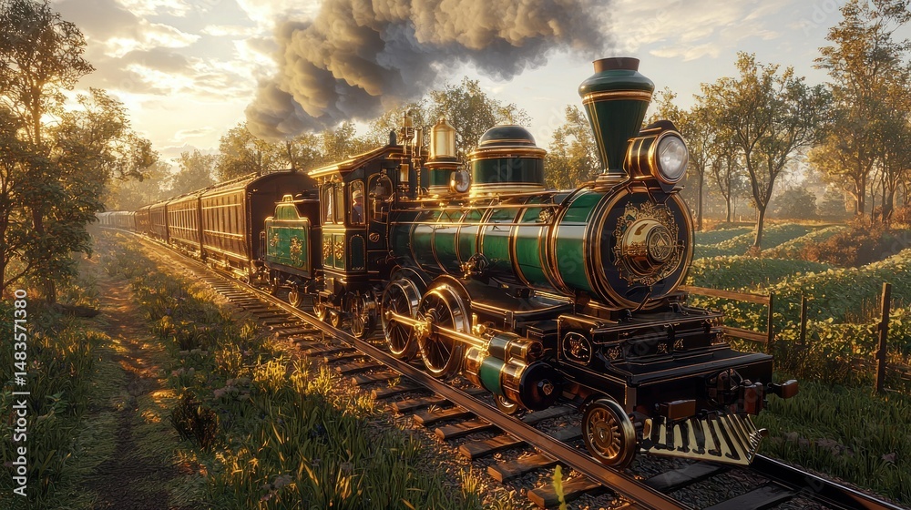 Naklejka premium Vintage steam train through a serene landscape