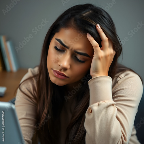 young latin woman feeling bored, frustrated and sleepy after a tiresome, dull and tedious task, holding face with hand