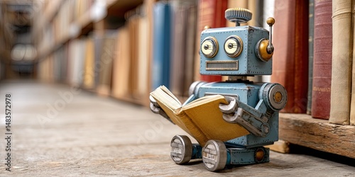 robot in a library reading book 