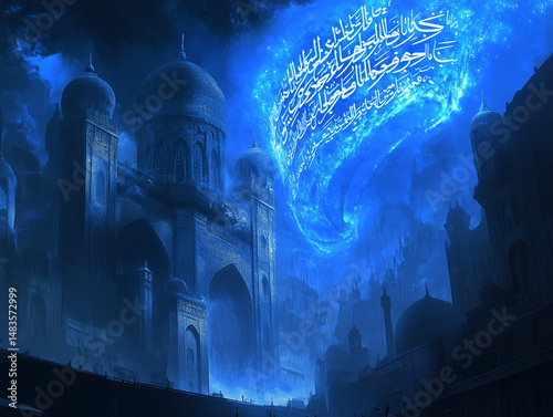 Beautiful AI-generated Ramadan image featuring glowing lanterns, crescent moon, and intricate Arabic calligraphy. A vibrant depiction of spiritual devotion, mosque prayers, and festive Eid celebration