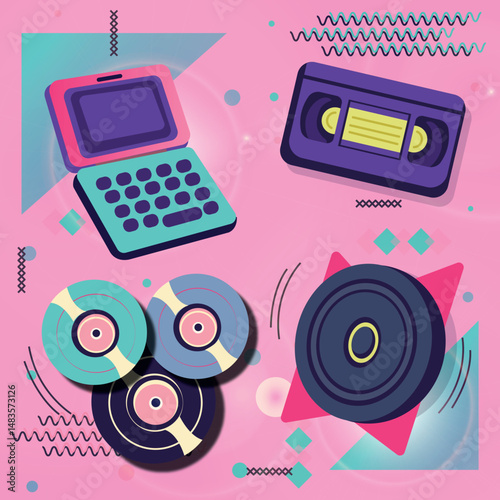 Vinyl, cds, 90 cliparts, stickers decoracion de musica VHS computer