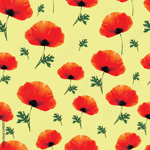seamless pattern with big red poppies