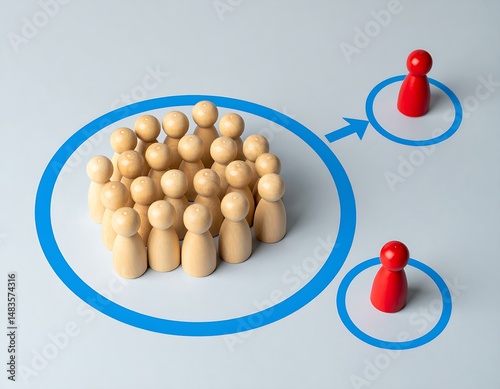 Group Dynamics Wooden Peg People, Blue Circles, Red Leader, Flow