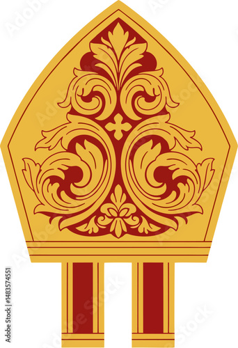 Elegant Vector Illustration of Gold and Red Bishop Mitre with Baroque Floral and Religious Cross Design – Catholic Clergy Headwear