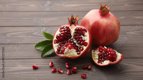 A high-quality food photography shot of fresh pomegranates on a weathered gray wooden plank background photo