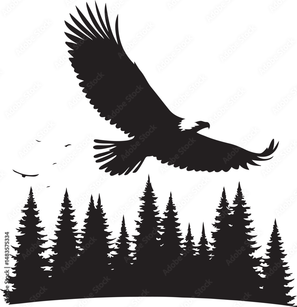 Obraz premium Silhouette Eagle Soaring Above Pine Forest